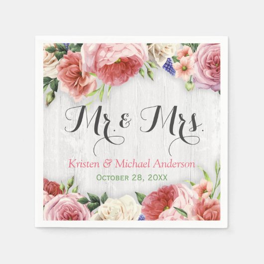 素朴バラ花ホワイトウッド結婚ズモノグラム スタンダードカクテルナプキン (正面)