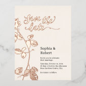 素朴バラ金ゴールドフローラ結婚式の日付を保存 箔招待状ポストカード (正面)