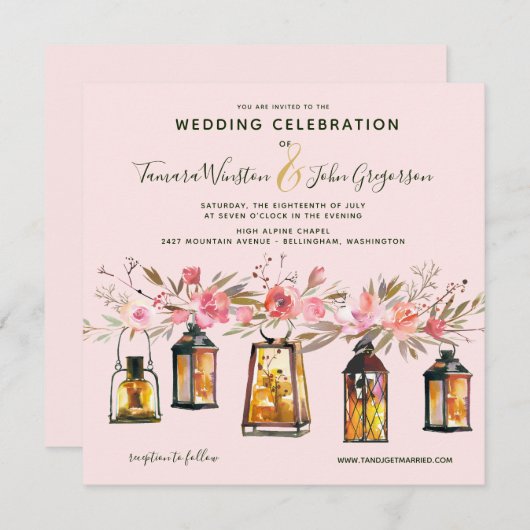 素朴バラ金ゴールドランタン&ライトフローラ結婚ズ 招待状 (正面/裏面)