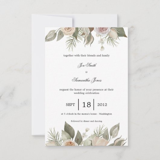 素朴バラ、ピンク 招待状 (正面)