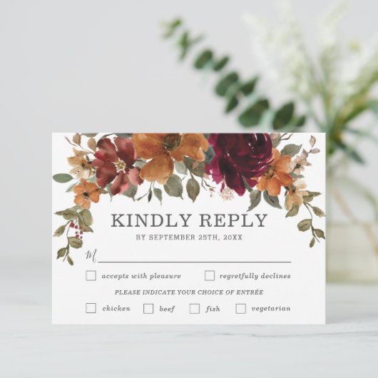 素朴バーガンディ燃えたオレンジ結婚フローラの食事 出欠カード (スタンド正面)