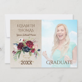 素朴バーガンディ花バーラップ写真卒業 招待状