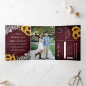 素朴バーグンディの木レースひまわり結婚の写真 三つ折り招待状 (内部)