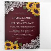 素朴バーグンディの木レースひまわり結婚の写真 三つ折り招待状 (内部最初)