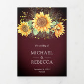素朴バーグンディ木材ひまわり結婚写真 三つ折り招待状 (カバー)