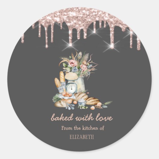 素朴バーズフラワーズバラ金ゴールドドリップスベーカリー ラウンドシール (正面)