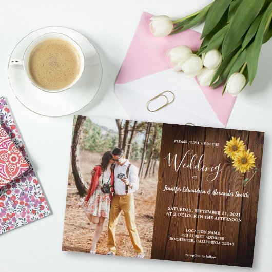 素朴バーンドウッドひまわり写真国ウェディング 招待状