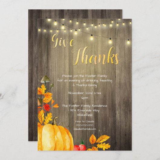 素朴パンプキンライト&バーンウッド感謝していズ与えズ 招待状 (正面/裏面)