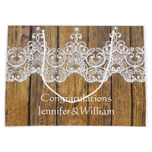 素朴パーソナライズされた結婚誕生日木製レース ラージペーパーバッグ (正面)