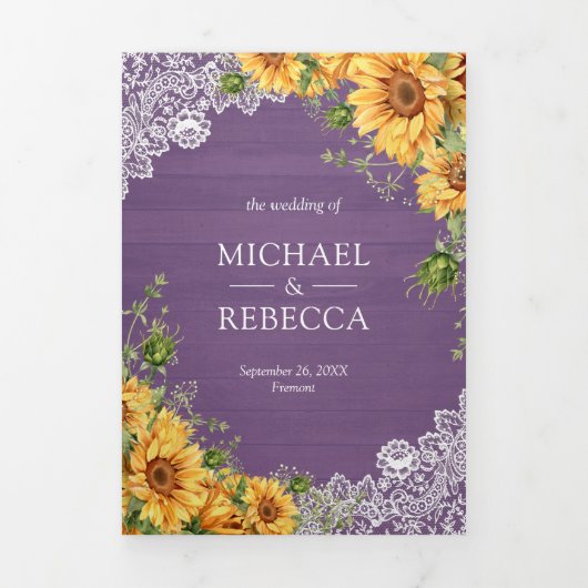 素朴ヒマワラベンダー木材QRコード結婚ズ 三つ折り招待状 (カバー)