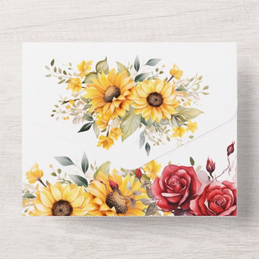 素朴ヒマワリと赤結婚バラ オールインワン招待状 (裏面)