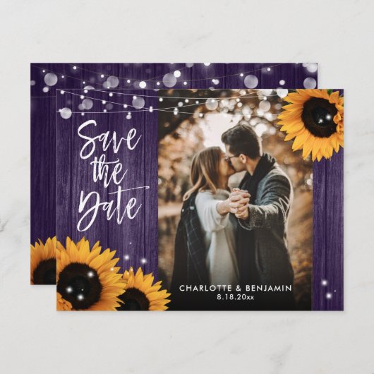 素朴ヒマワリの木の紫結婚の写真 セーブザデート (正面/裏面)