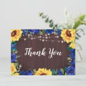 素朴ヒマワリブルーフローラ縁どウッド結婚ズ サンキューカード (スタンド正面)