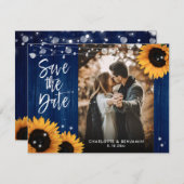 素朴ヒマワリ木ネイビーブルー結婚の写真 セーブザデート (正面/裏面)