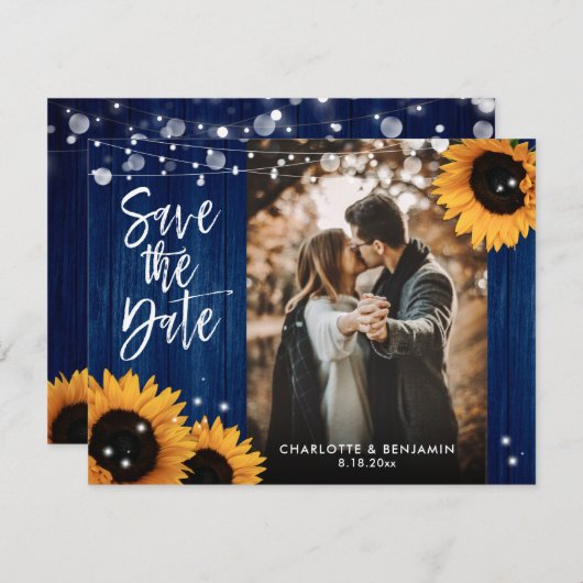 素朴ヒマワリ木ネイビーブルー結婚の写真 セーブザデート (正面/裏面)
