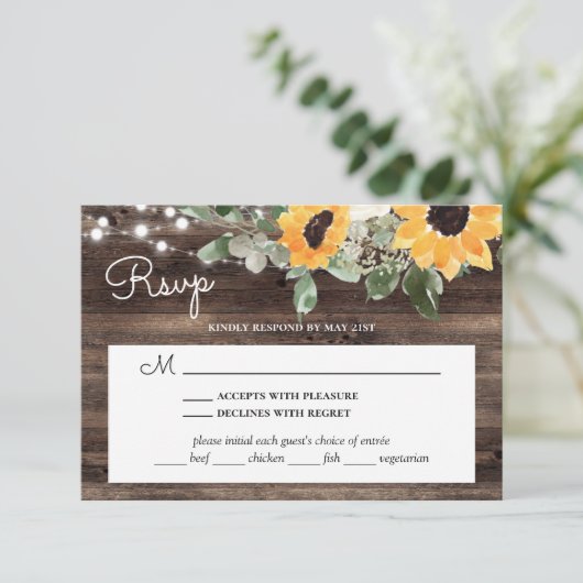 素朴ヒマワリ結婚の木材と食事の選択 出欠カード (スタンド正面)