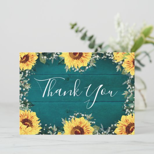 素朴ヒマワリ縁どティール(緑がかった色)結婚ズ サンキューカード (スタンド正面)