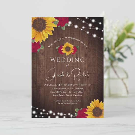 素朴ヒマワリ赤いバラのストリングライツ結婚ズ 招待状 (スタンド正面)