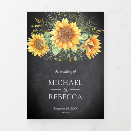 素朴ヒマワリChalkboardフォトコラージュ結婚ズ 三つ折り招待状 (カバー)