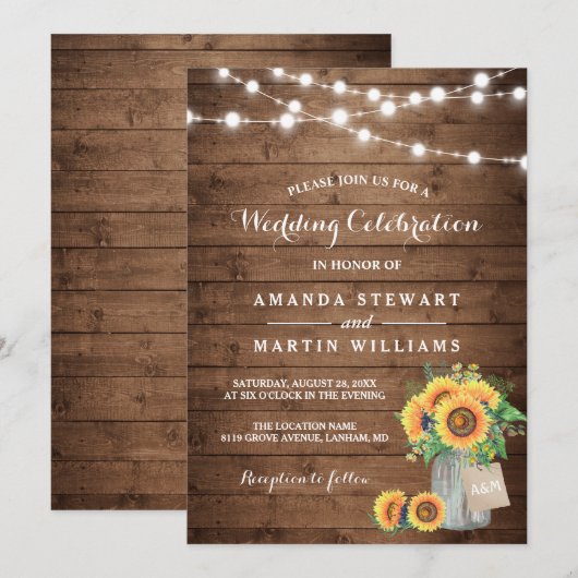 素朴ヒマワリMason Jar String Lights結婚. 招待状 (正面/裏面)