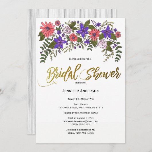 素朴ビーチウッドフローラブライダルシャワー 招待状 (正面/裏面)