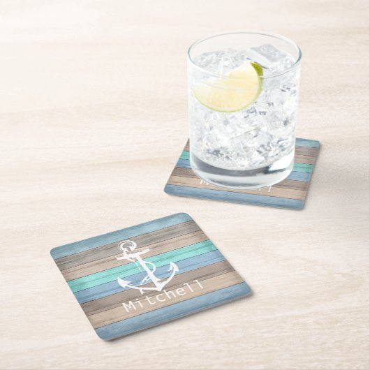 素朴ビーチウッド航海のストライプいかり スクエアペーパーコースター (インサイチュ)