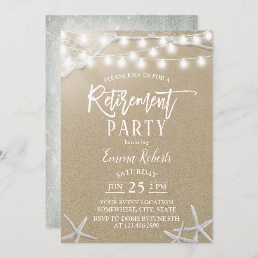 素朴ビーチヒトデのストリングライト退職 招待状 (正面/裏面)