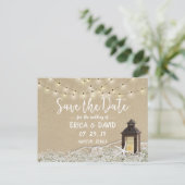 素朴ビーチランタン文字列ライト日付を保存 案内ポストカード (スタンド正面)