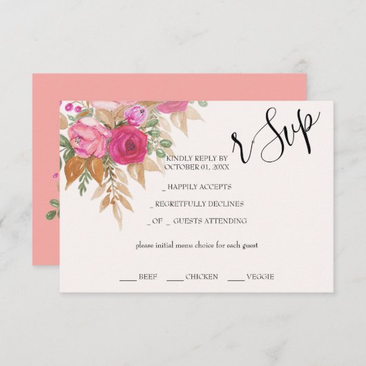 素朴ピンクパンパスウォーターカラー絵を描ハンド 出欠カード (正面/裏面)