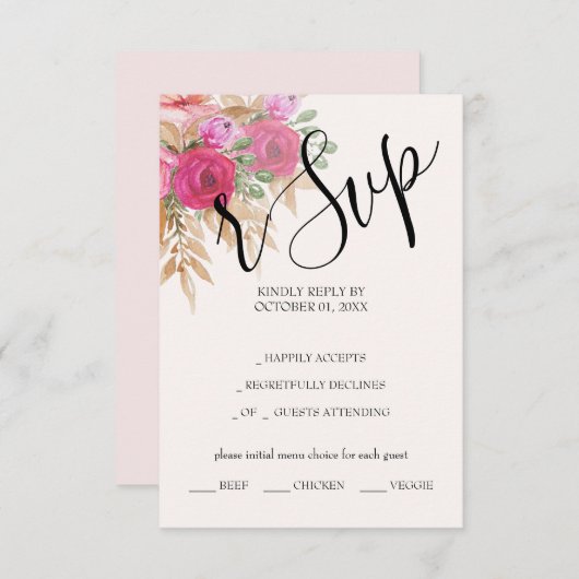 素朴ピンクパンパスウォーターカラー絵を描ハンド 出欠カード (正面/裏面)