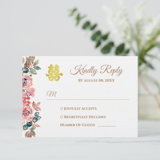 素朴ピンクフローラ中国の結婚リース 出欠カード (スタンド正面)