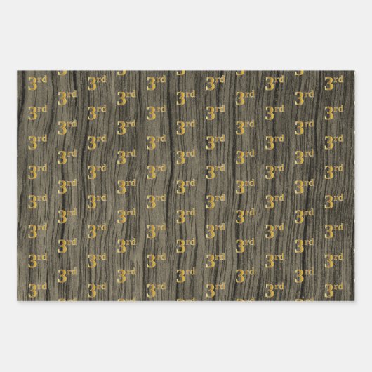 素朴フェイク木目エレガントフェイク、金ゴールド「3位」 ラッピングペーパーシート (正面)