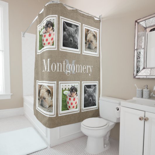 素朴フェイクBurlap 6家族の写真と家族の名前 シャワーカーテン (インサイチュ)