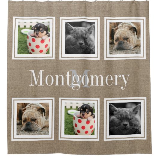 素朴フェイクBurlap 6家族の写真と家族の名前 シャワーカーテン (正面)