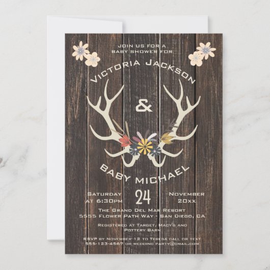 素朴フォークアート鹿〔雄ジカの〕枝角ベビーシャワー 招待状 (正面)