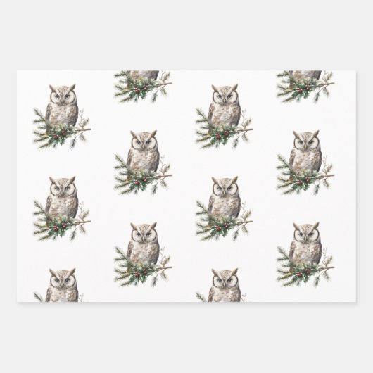 素朴フクロウと花 ラッピングペーパーシート (正面)