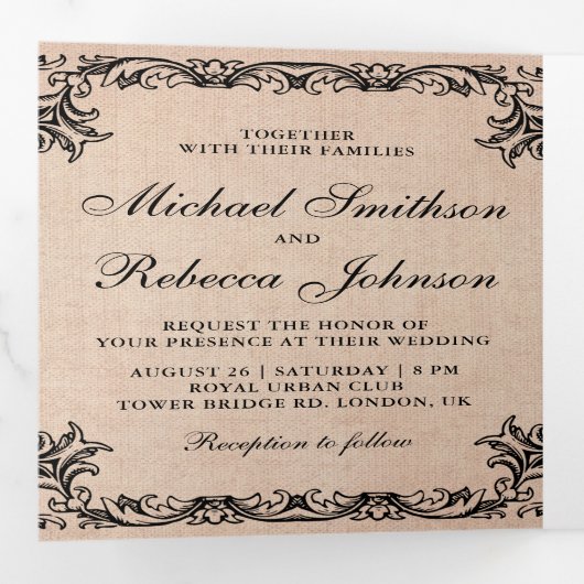 素朴フラ華美イ縁どのBurlap写真結婚の 三つ折り招待状 (内部最初)