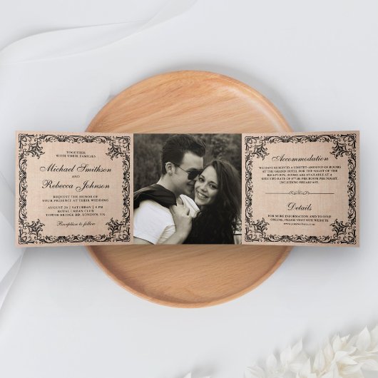 素朴フラ華美イ縁どのBurlap写真結婚の 三つ折り招待状