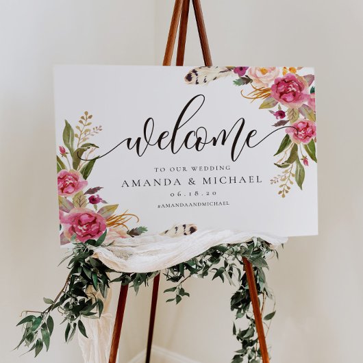 素朴フローラとフェザー歓迎結婚のサイン ポスター