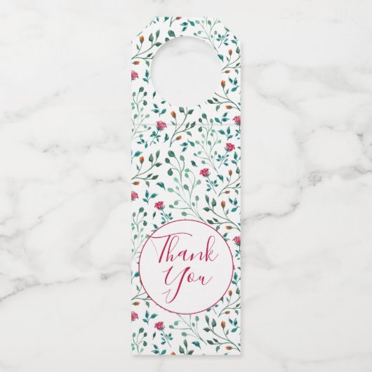 素朴フローラと緑の葉のパターン |ありがとうございます ボトルネックタグ (正面)