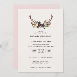 素朴フローラと〔雄ジカの〕枝角結婚のネイビー・ピンク セーブザデート