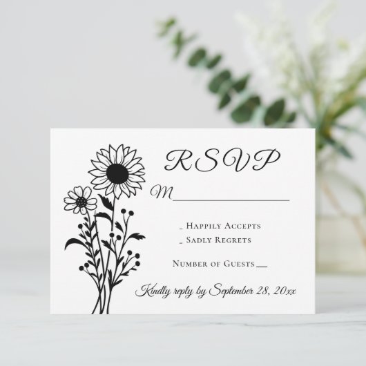 素朴フローラひまわりRSVP白黒結婚ズ 出欠カード (スタンド正面)