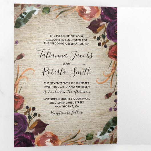 素朴フローラを一つ一つ詰め結婚て 三つ折り招待状 (内部最初)