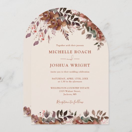 素朴フローラアーチQRコード秋秋の結婚式 招待状 (正面/裏面)