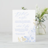 素朴フローラエレガントほこりっぽい青い金ゴールド結婚。 エンクロージャーカード (スタンド正面)