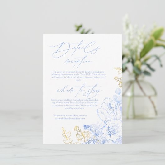 素朴フローラエレガントほこりっぽい青い金ゴールド結婚。 エンクロージャーカード (スタンド正面)