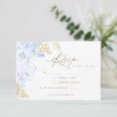 素朴フローラエレガントほこりっぽい青い金ゴールド結婚。 出欠カード (スタンド正面)