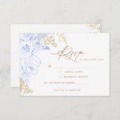 素朴フローラエレガントほこりっぽい青い金ゴールド結婚。 出欠カード (正面/裏面)