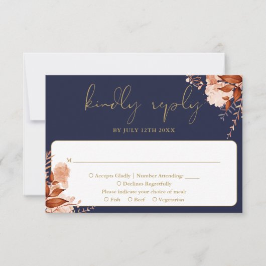 素朴フローラエレガントネイビーブルーと金ゴールド結婚ズ 出欠カード (正面)