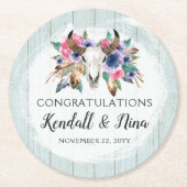 素朴フローラカウースカルウォーターカラーボホ結婚ズ ラウンドペーパーコースター (正面)